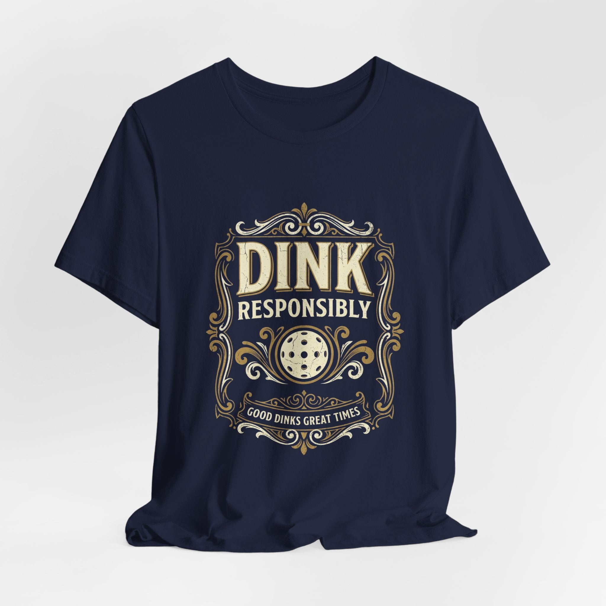 Funny Dink Responsibly pickleball tee, vintage label design on a dark shirt