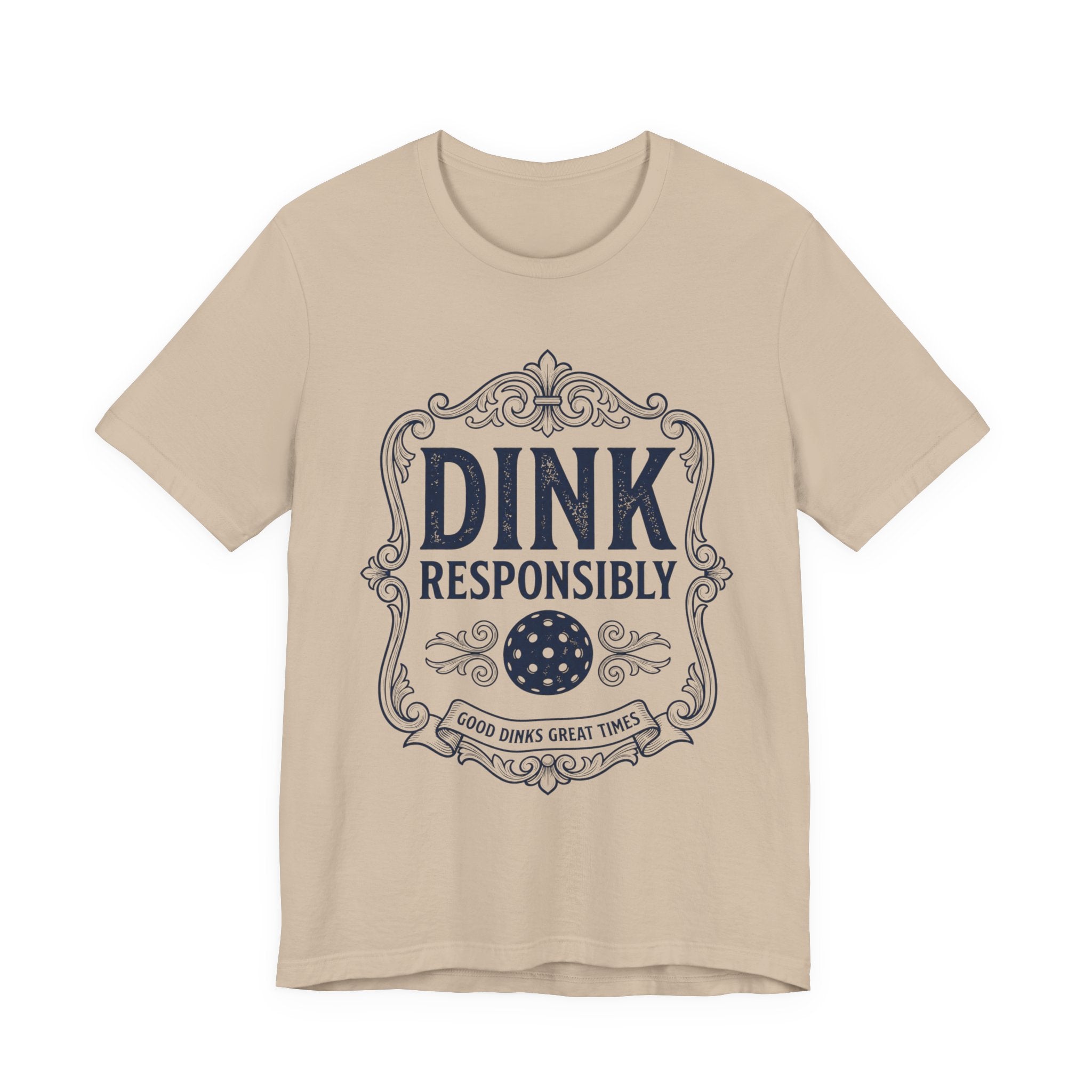Funny Dink Responsibly pickleball tee, vintage label design on a light shirt
