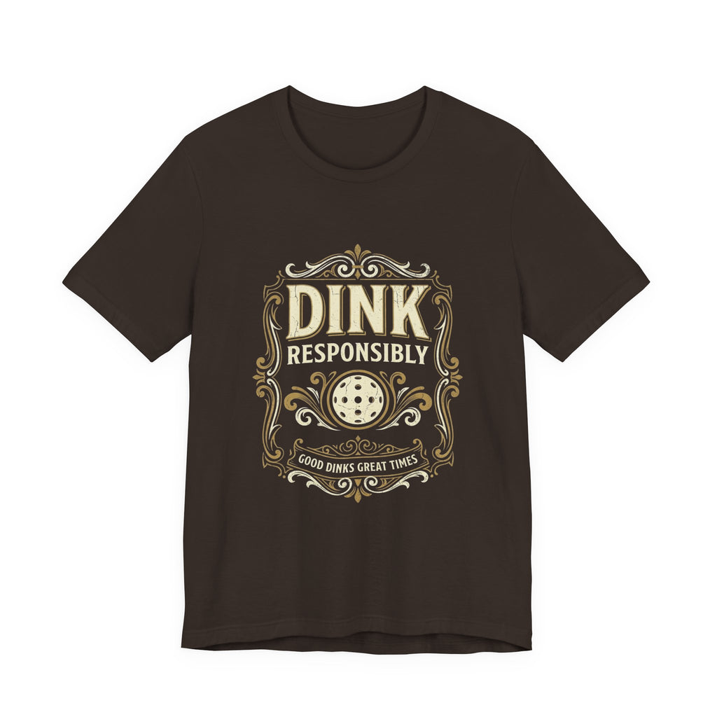 Dink Responsibly vintage pickleball t-shirt in a dark colorway with cream-and-gold Good Dinks Great Times graphic