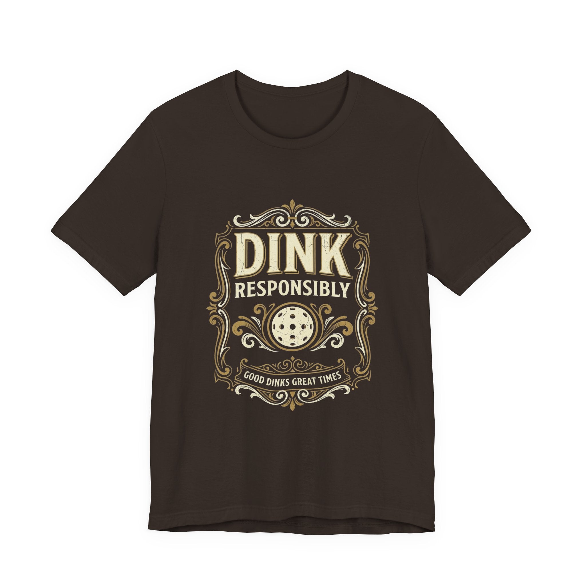 Dink Responsibly vintage pickleball t-shirt in a dark colorway with cream-and-gold Good Dinks Great Times graphic