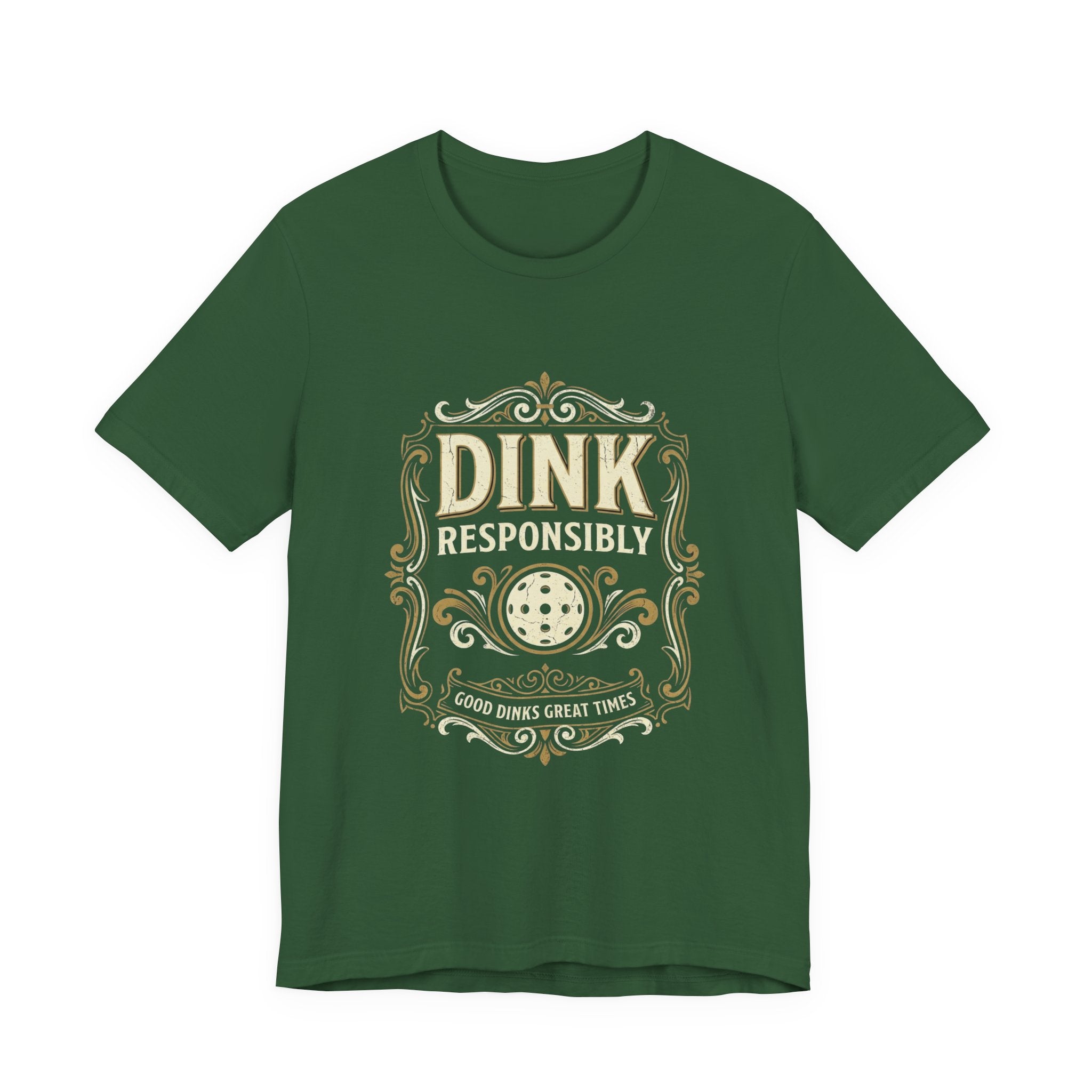 Dink Responsibly vintage pickleball t-shirt in a dark colorway with cream-and-gold Good Dinks Great Times graphic