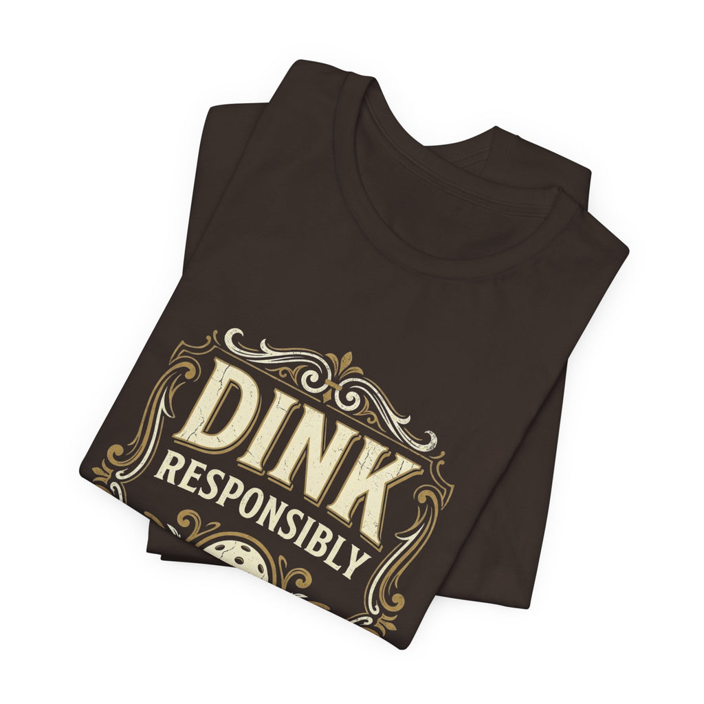 Funny Dink Responsibly pickleball tee, vintage label design on a dark shirt