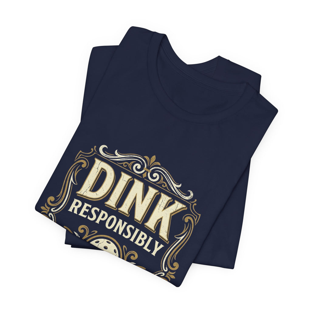 Dink Responsibly vintage pickleball t-shirt in a dark colorway with cream-and-gold Good Dinks Great Times graphic