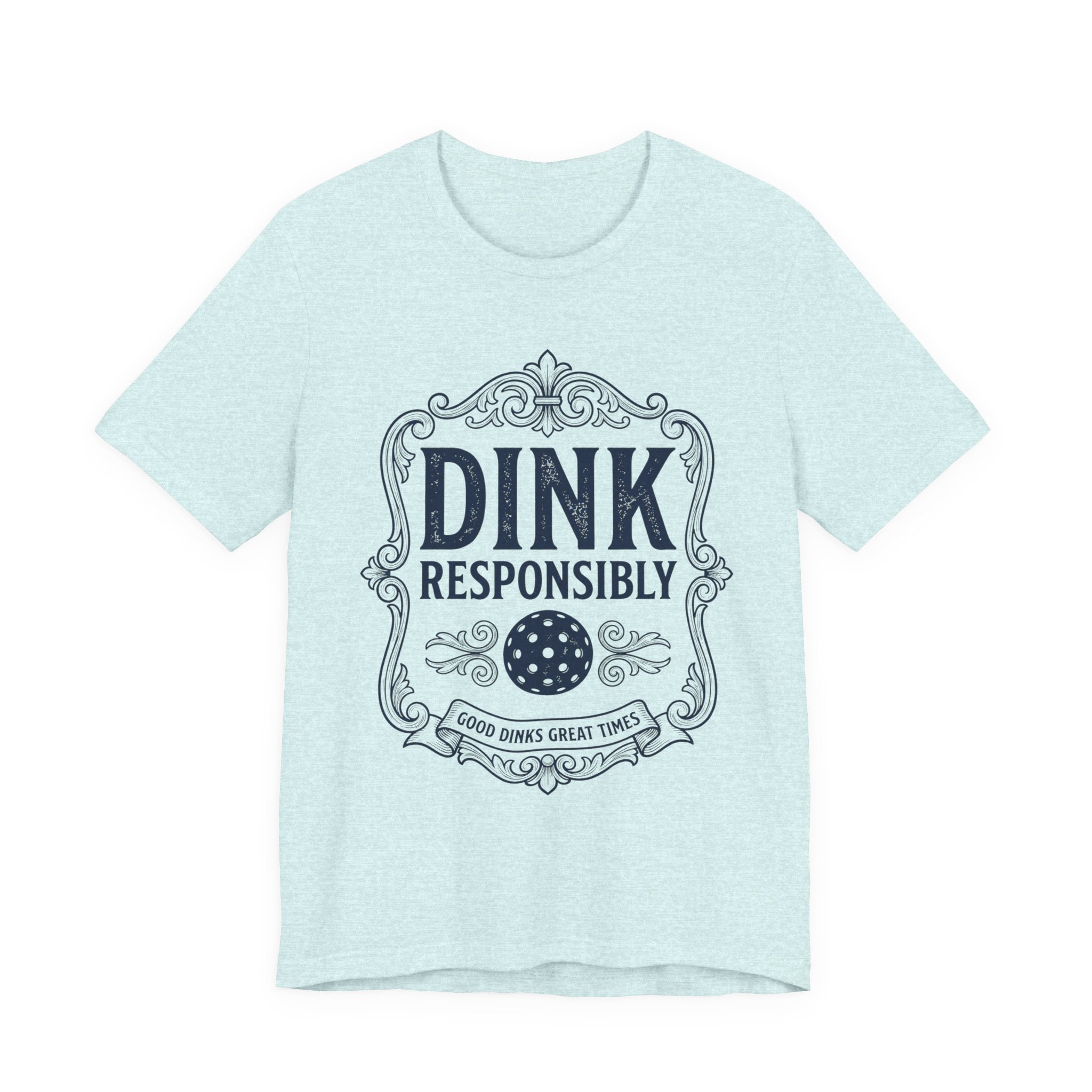 Funny Dink Responsibly pickleball tee, vintage label design on a light shirt