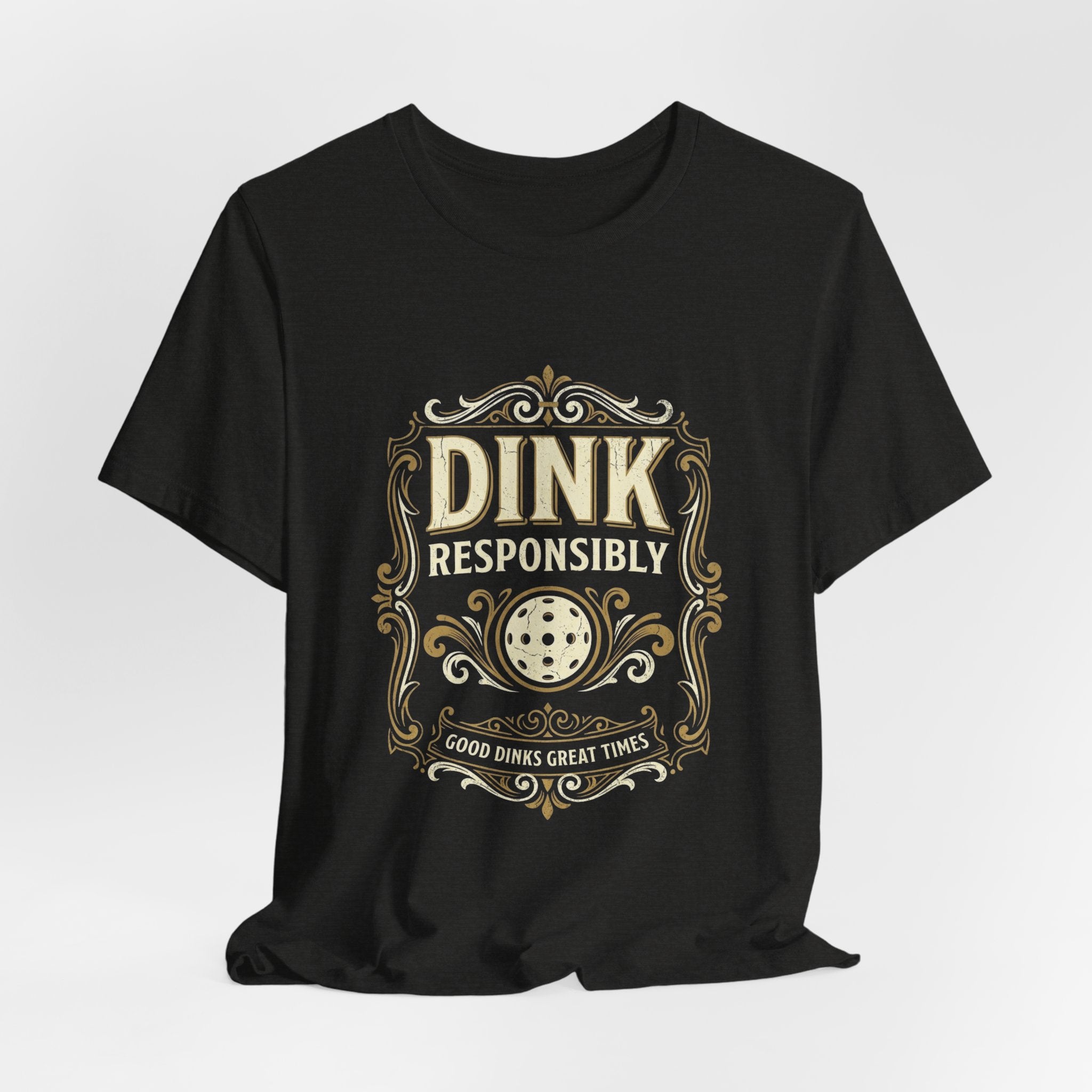 Funny Dink Responsibly pickleball tee, vintage label design on a dark shirt