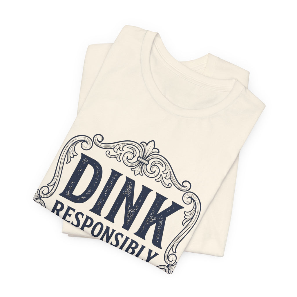 Funny Dink Responsibly pickleball tee, vintage label design on a light shirt