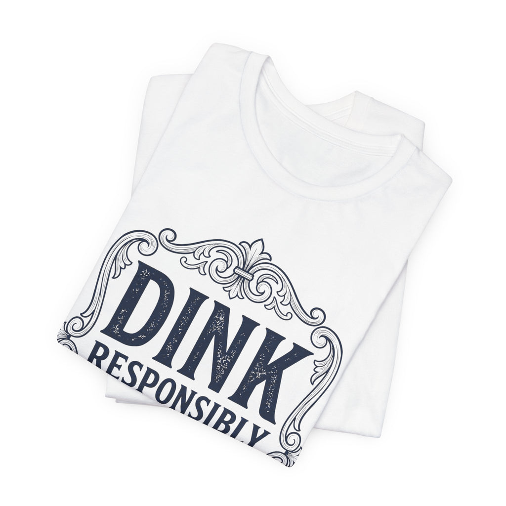 Funny Dink Responsibly pickleball tee, vintage label design on a light shirt