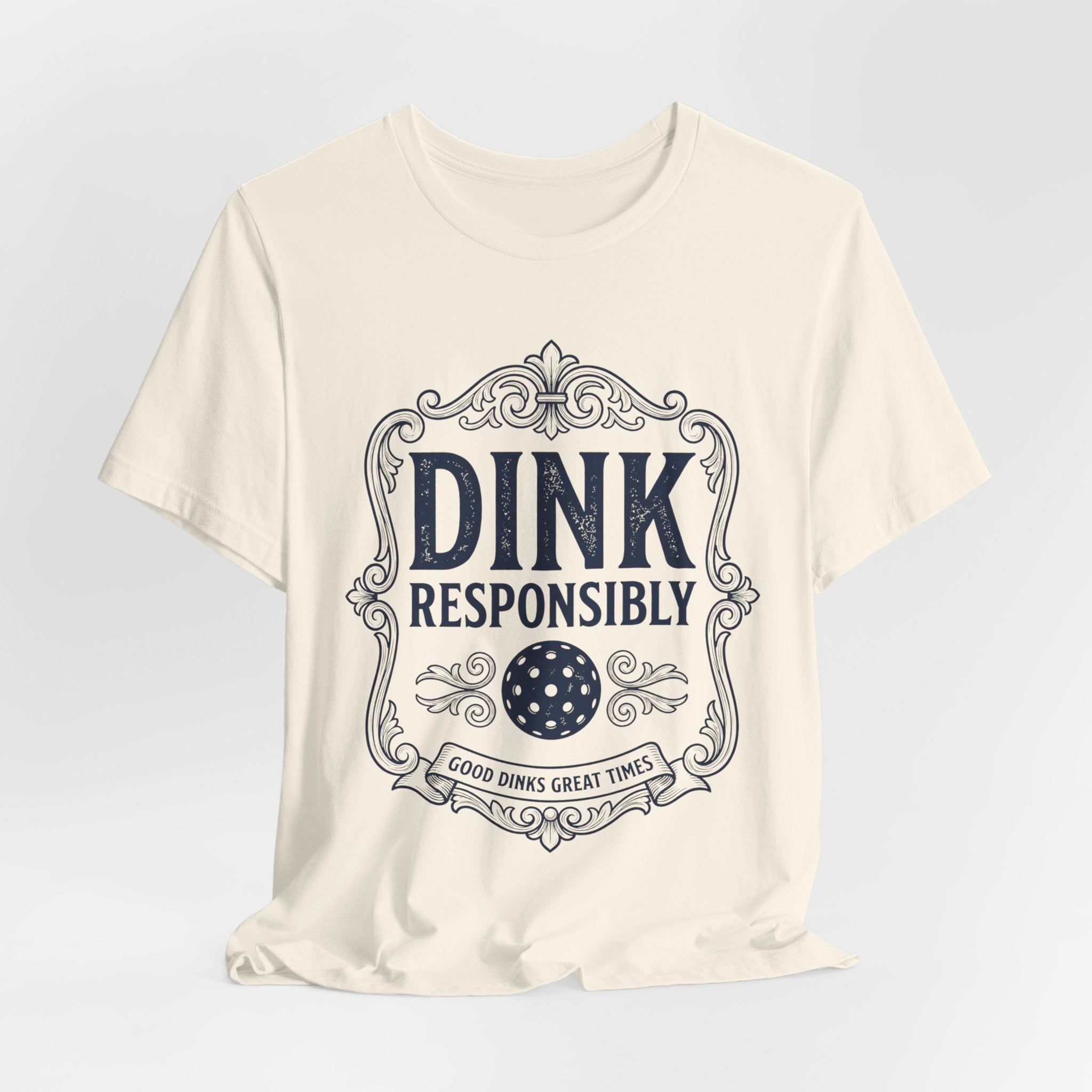 Dink Responsibly vintage pickleball t-shirt in a light colorway with navy Good Dinks Great Times graphic