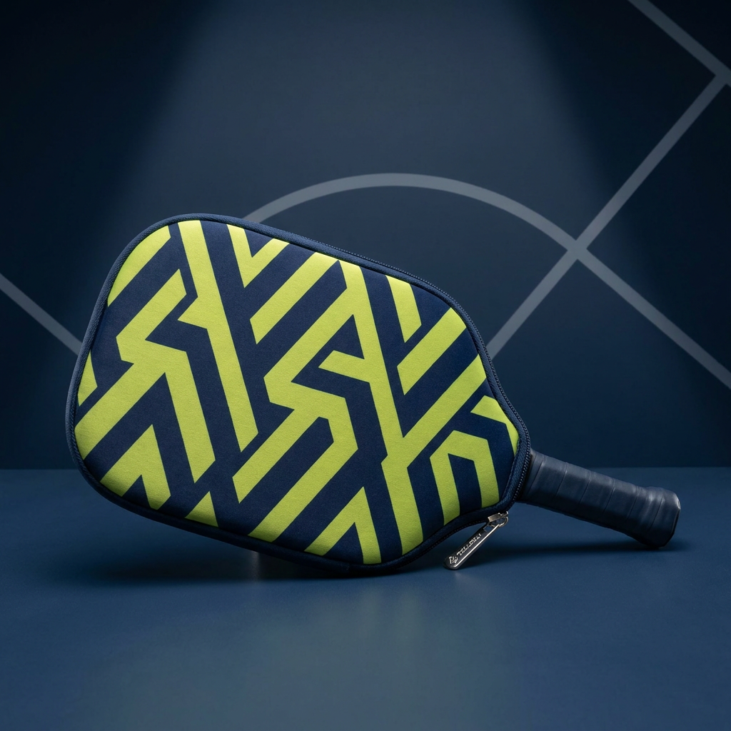 Patterned neoprene pickleball paddle cover in navy and green