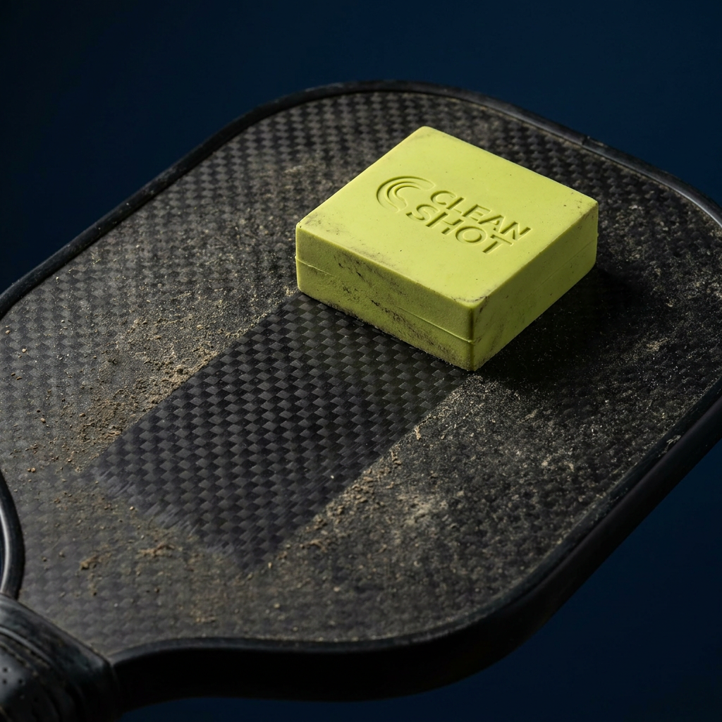 Pickleball paddle eraser cleaning a carbon fiber paddle face