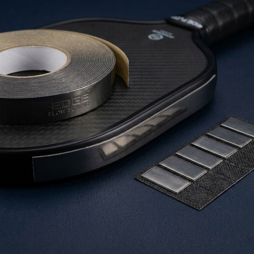 Tungsten weight tape applied to a pickleball paddle edge